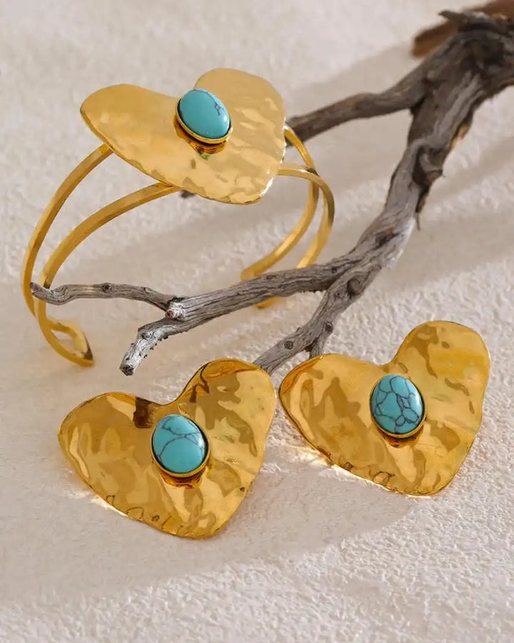 Vintage Gold-Trimmed Turquoise Heart Jewelry Collection: Earrings, Ring & Bracelet