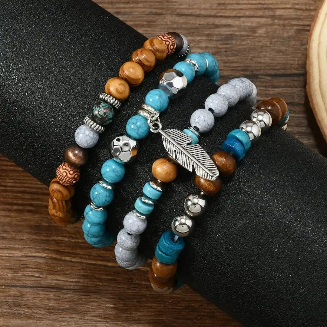 Turquoise Bead and Feather Bohemian Bracelet