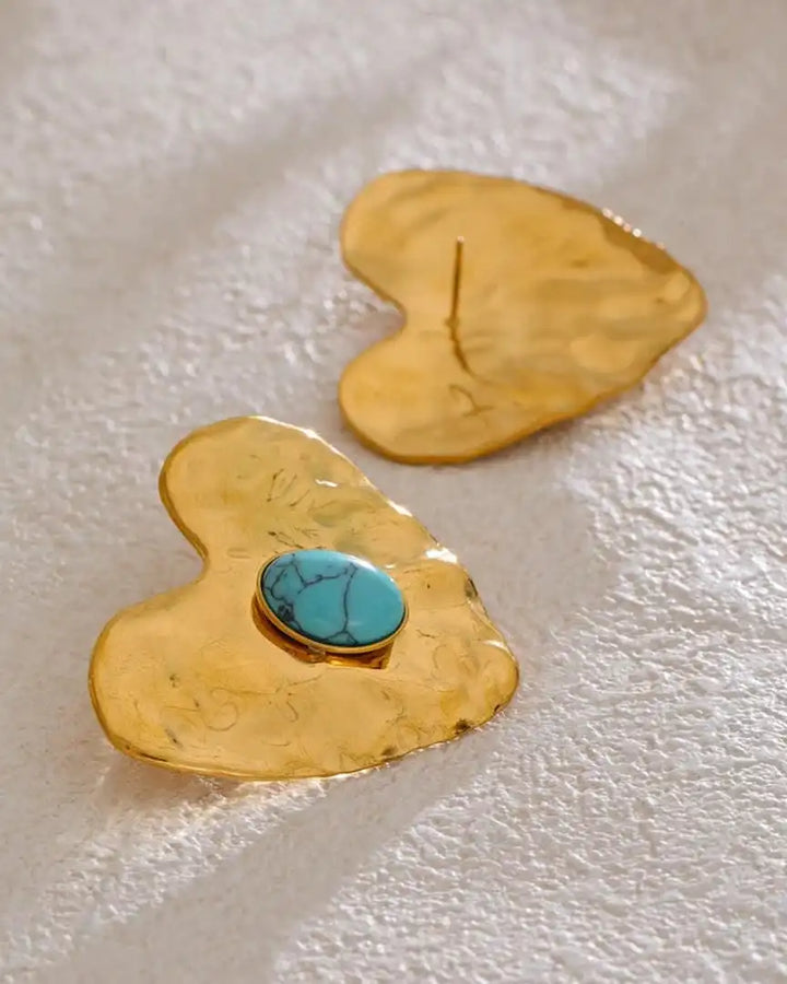 Vintage Gold-Trimmed Turquoise Heart Jewelry Collection: Earrings, Ring & Bracelet