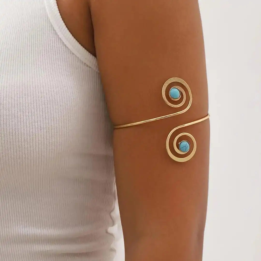 Bohemian Silver Arm Cuff Bracelet with Turquoise Crescent Moon Design