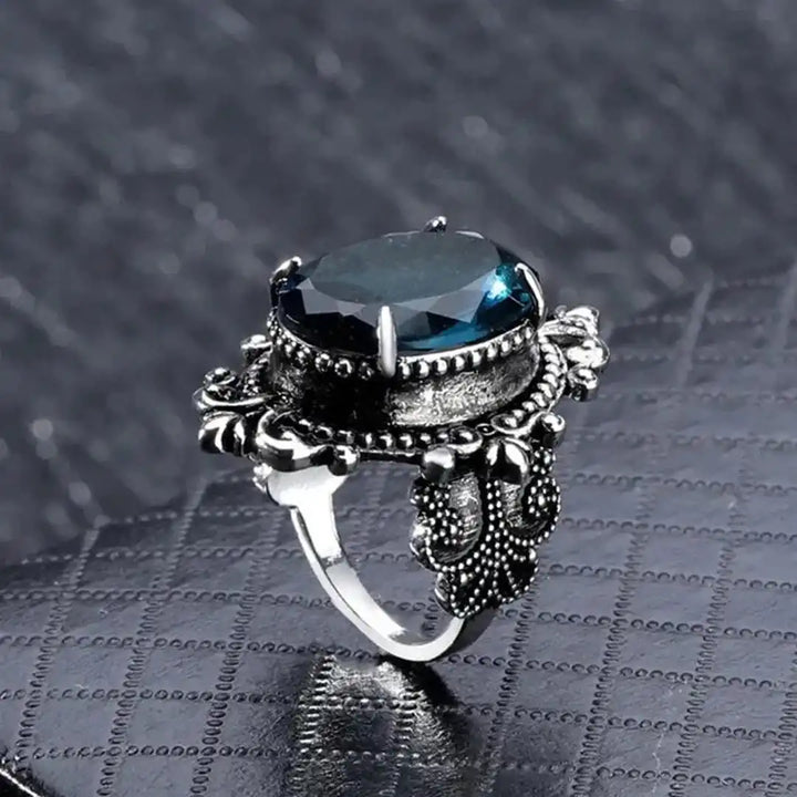 Vintage Silver Oval Blue Zircon Ring
