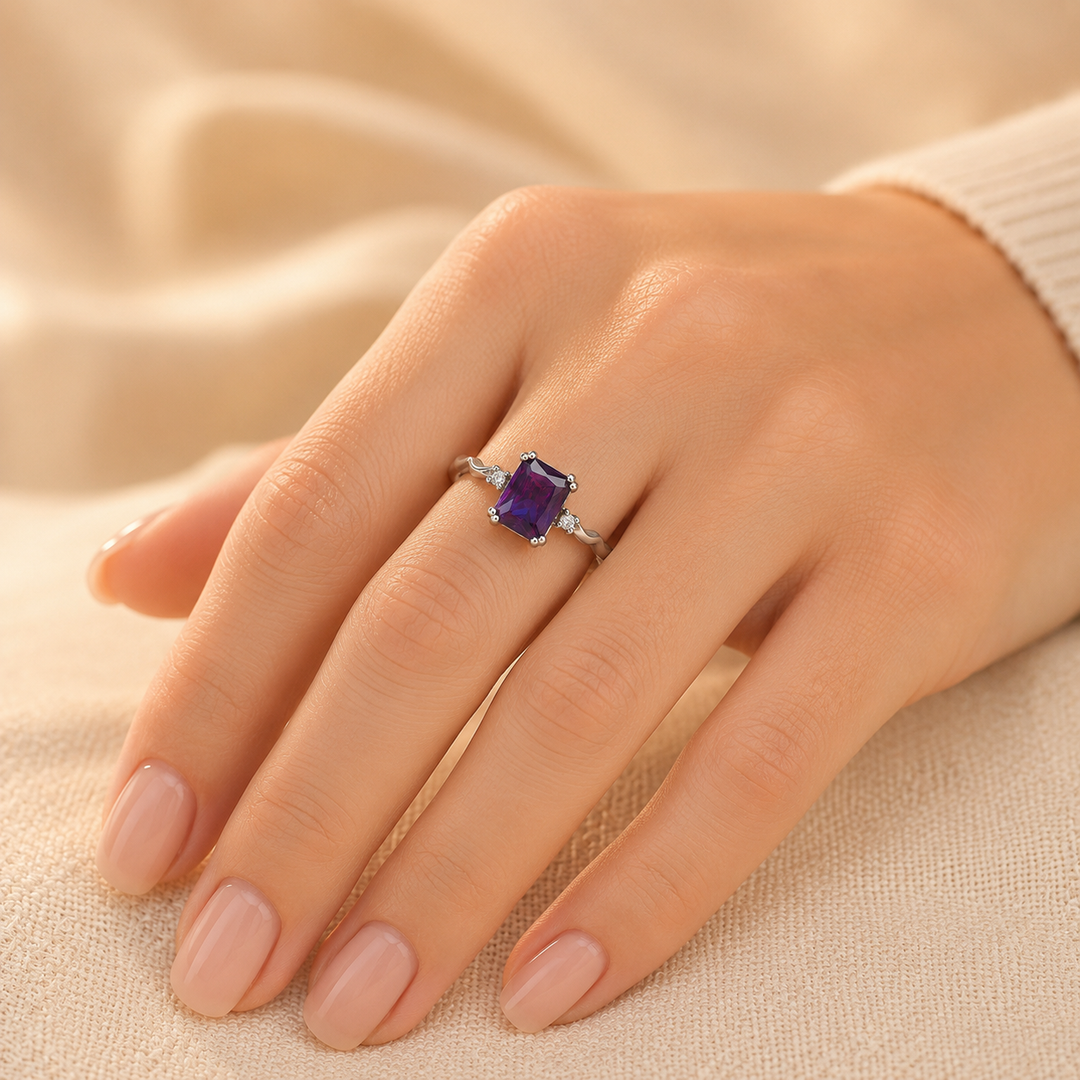 Emerald Cut Amethyst Silver Ring with Elegant Design