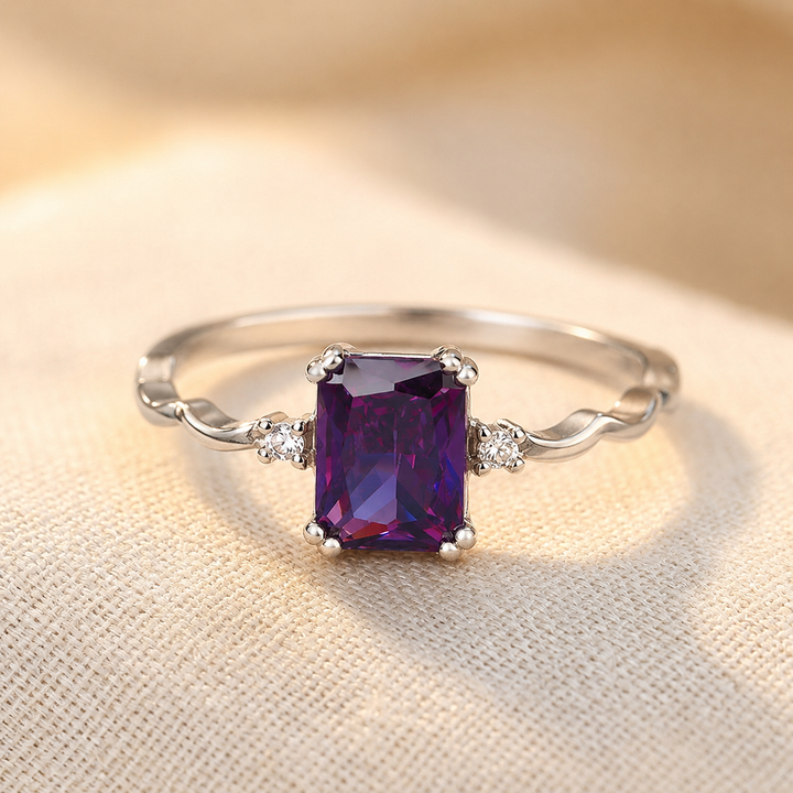Amethyst Silver Ring Featuring an Emerald Cut Design