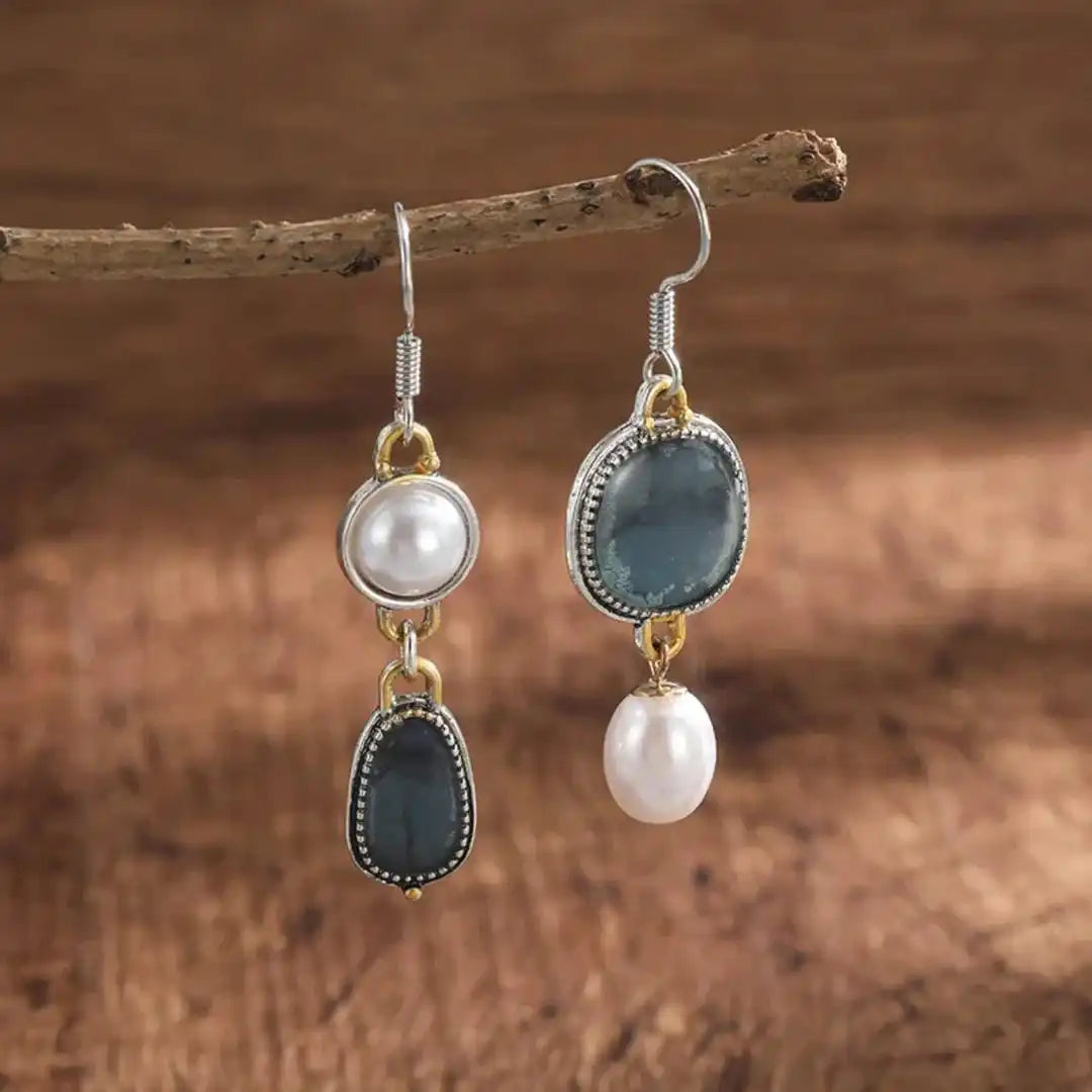 Vintage Blue Gem Pearl Earrings