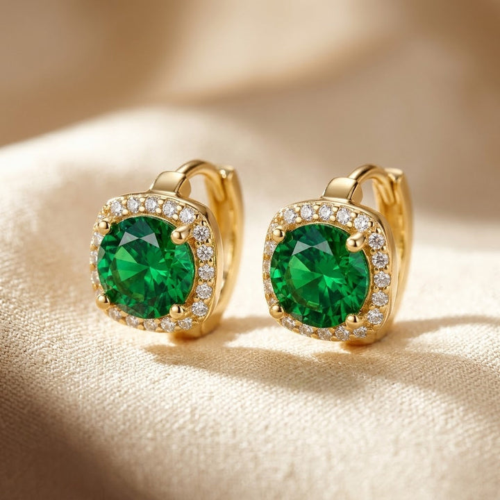 Emerald-Embellished Golden Hoop Earrings