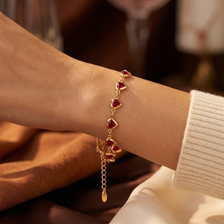 Gold Chain Bracelet with Ruby Heart Charm