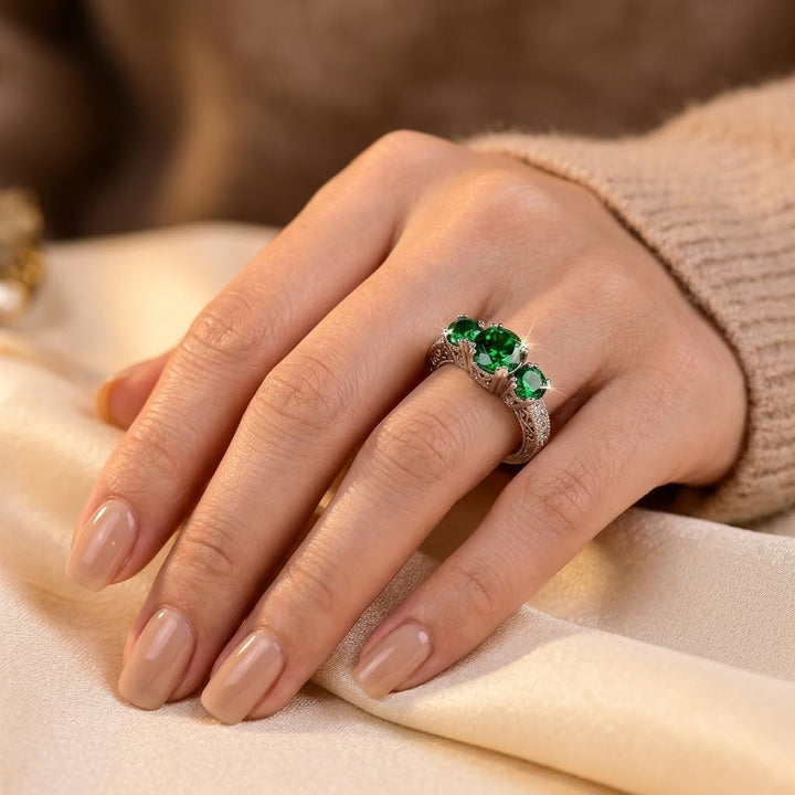 Emerald and Silver Tri-Stone Ring