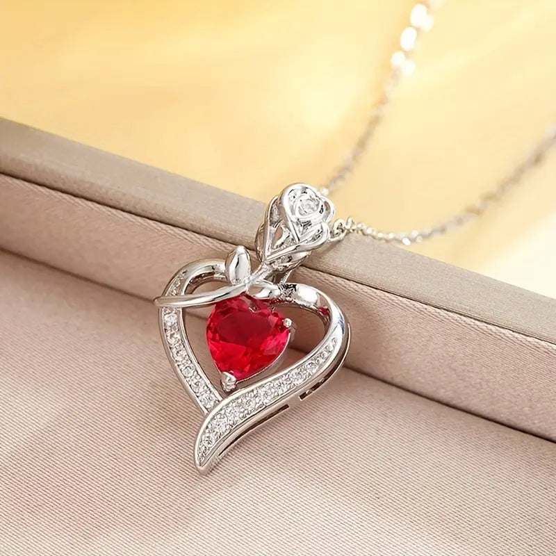 Silver Necklace with Ruby Heart Pendant