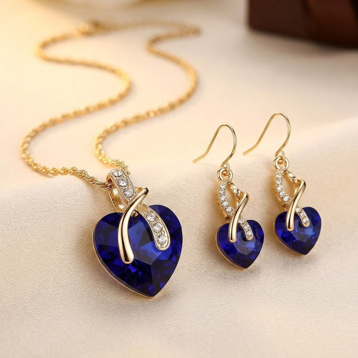 Sapphire Heart Pendant Necklace and Earring Set in Gold
