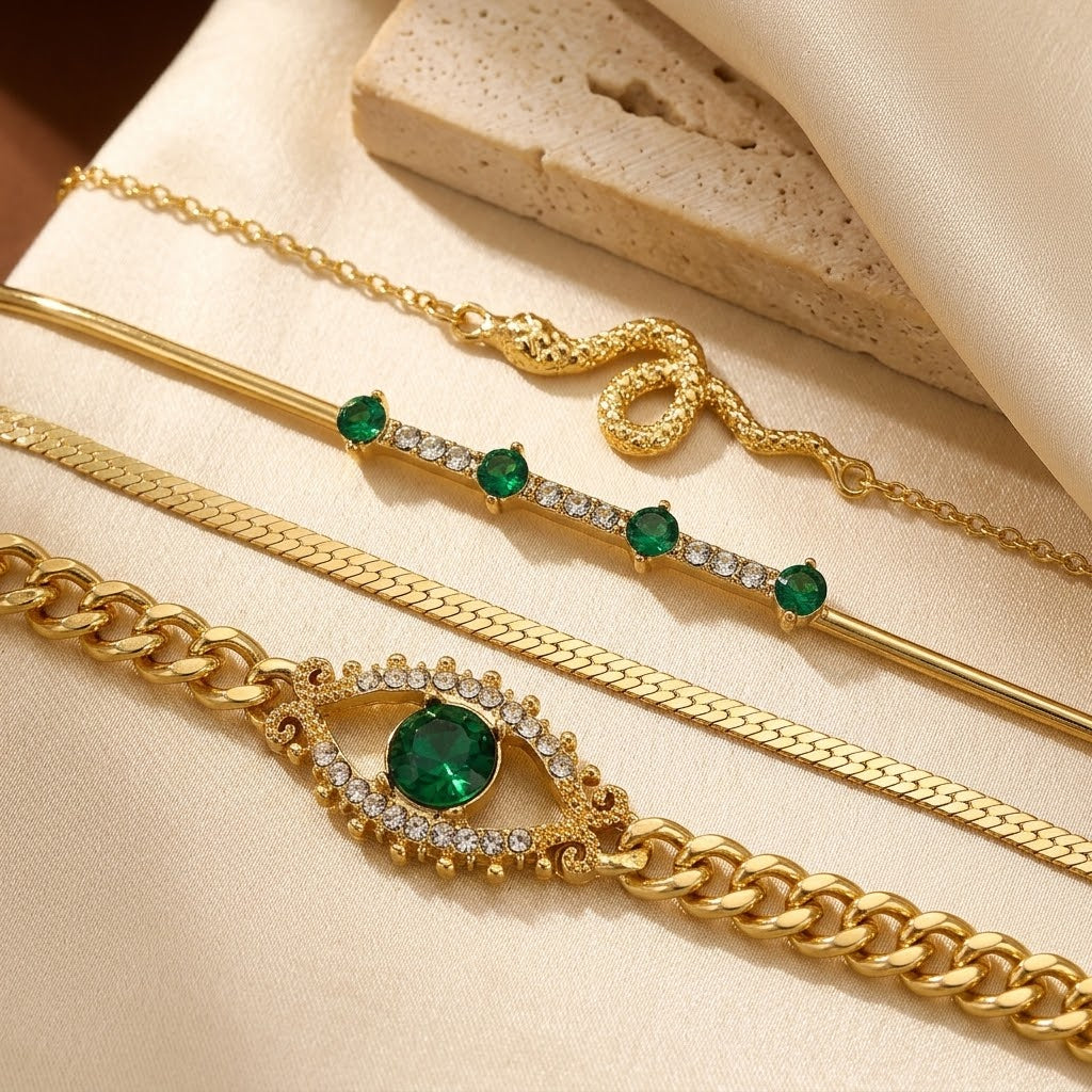 Emerald and Gold Charm Bracelet Set