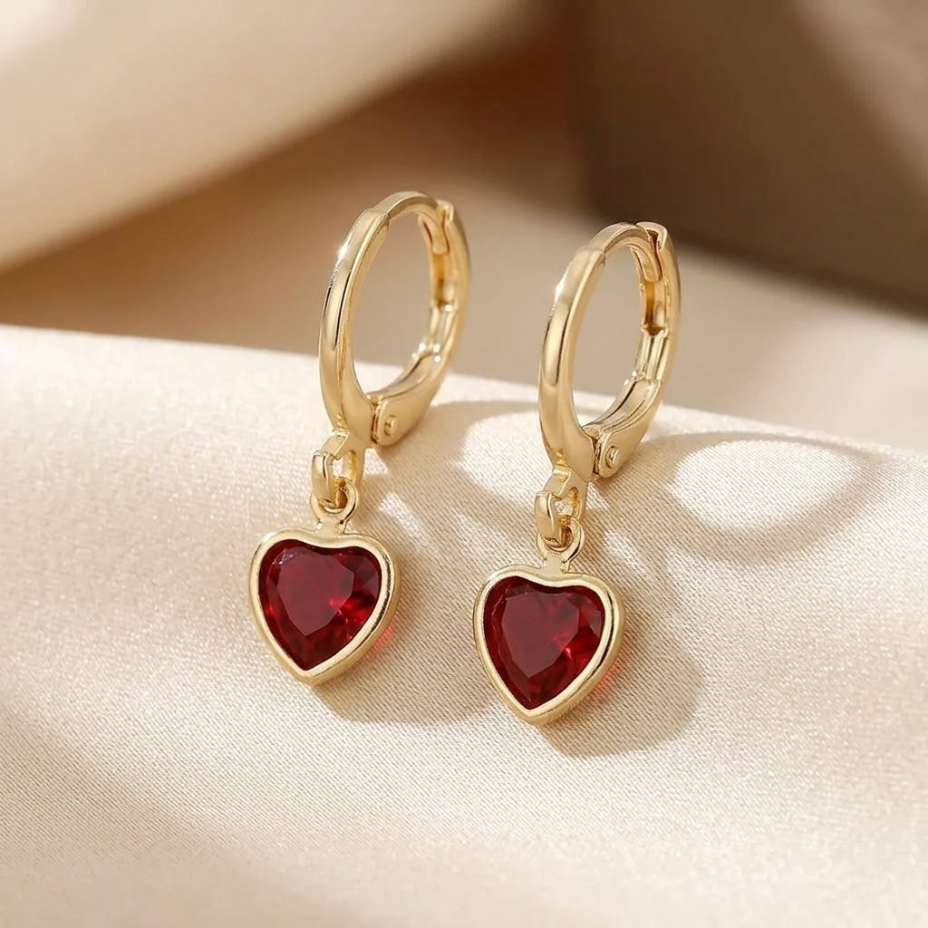Gold Ruby Heart Dangle Earrings