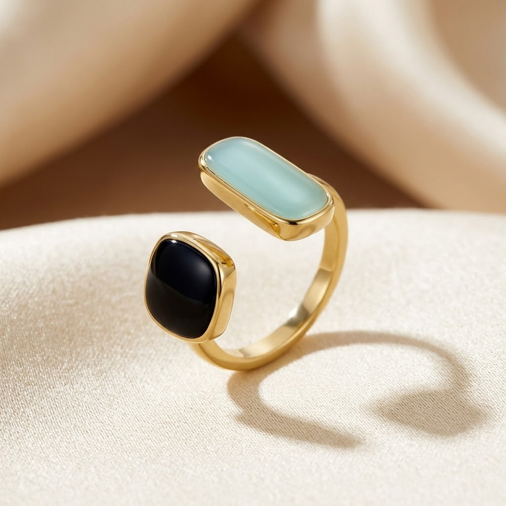Gold Adjustable Ring Featuring a Dual Stone Design