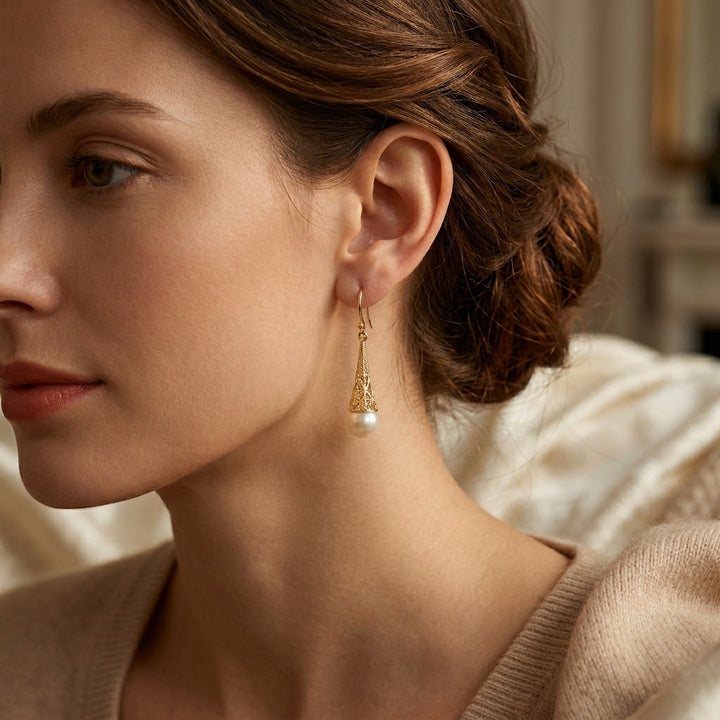 Elegant Pearl Drop Earrings Showcasing Detailed Gold Filigree Craftsmanship