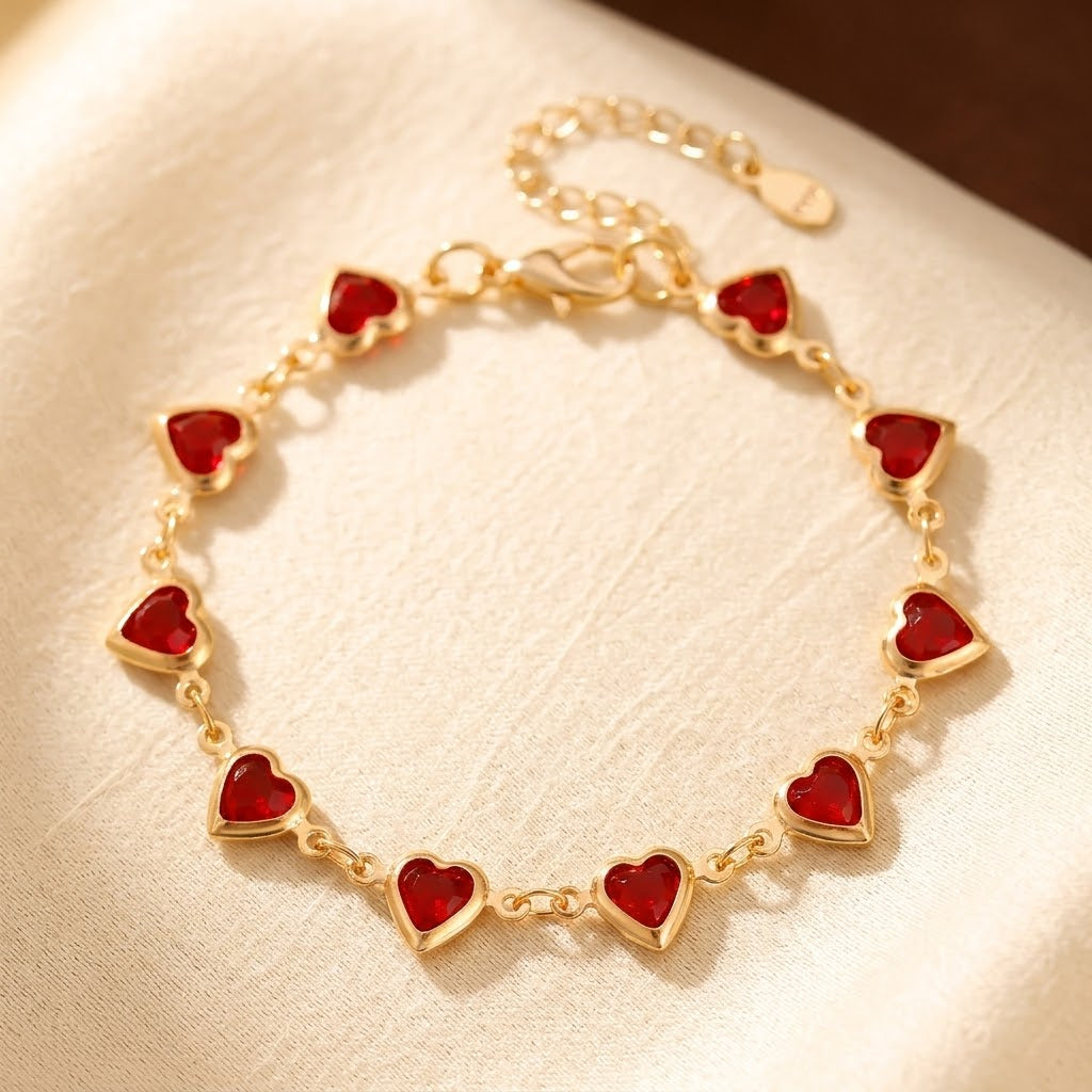 Gold Chain Bracelet with Ruby Heart Charm