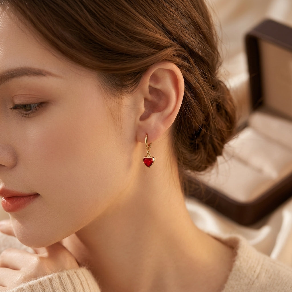 Ruby Heart Drop Earrings in Gold