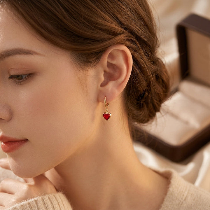 Ruby Heart Drop Earrings in Gold