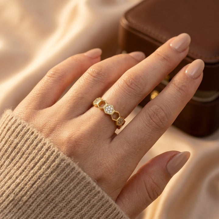 Adjustable Open Ring in Gold with Geometric Design