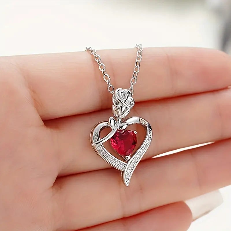 Ruby Heart Pendant Necklace in Silver