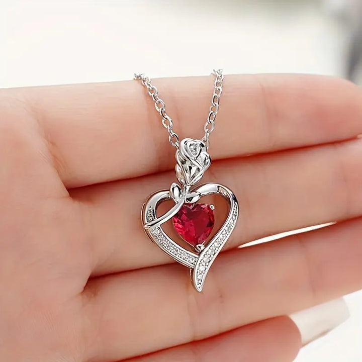 Ruby Heart Pendant Necklace in Silver