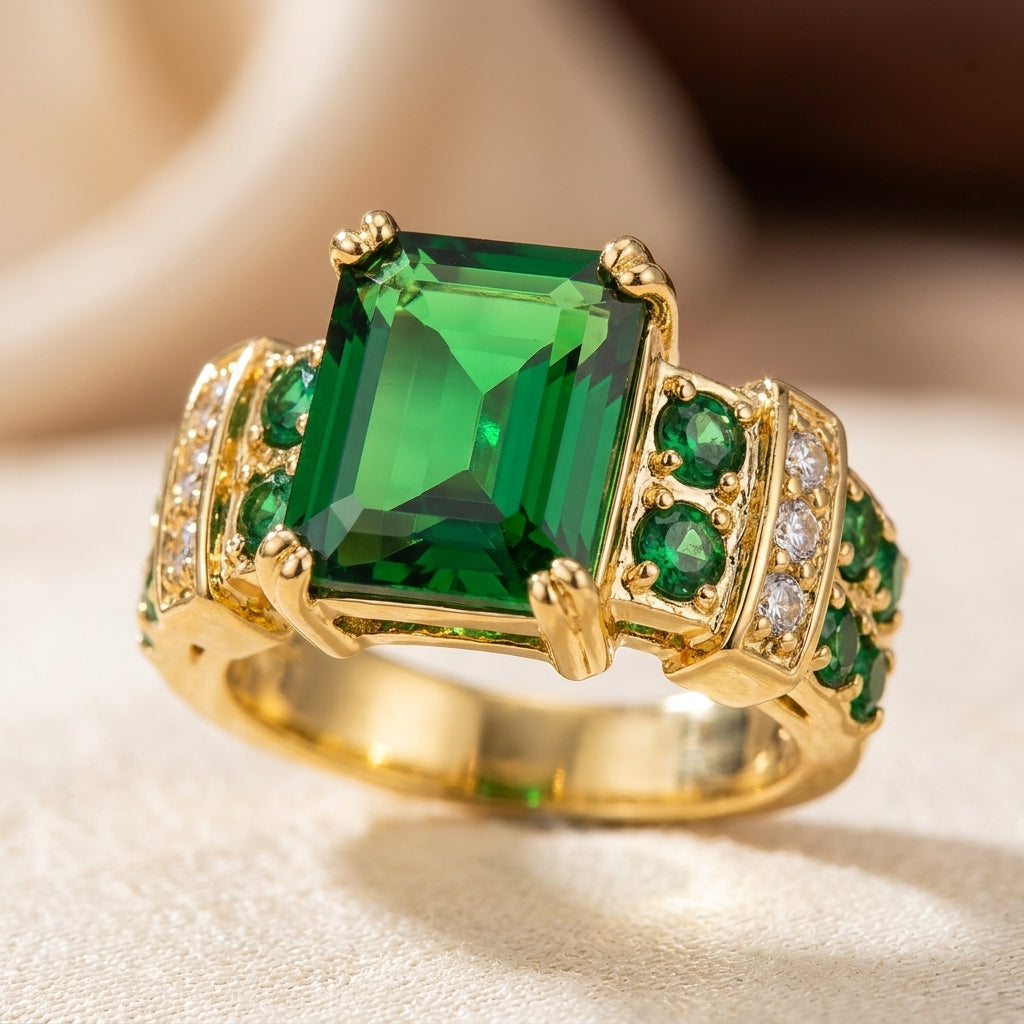 Emerald-Studded Geometric Ring with Gold Detailing