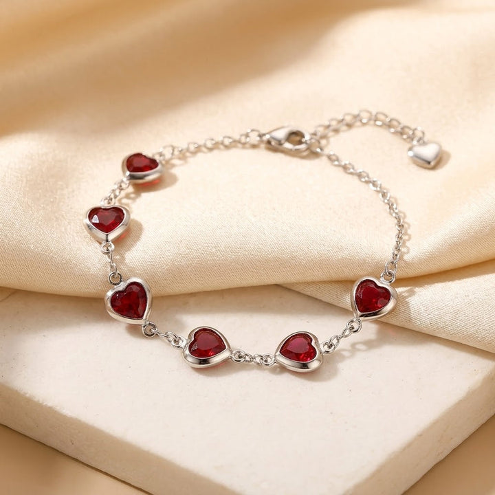 Ruby Heart Charm on Silver Chain Bracelet