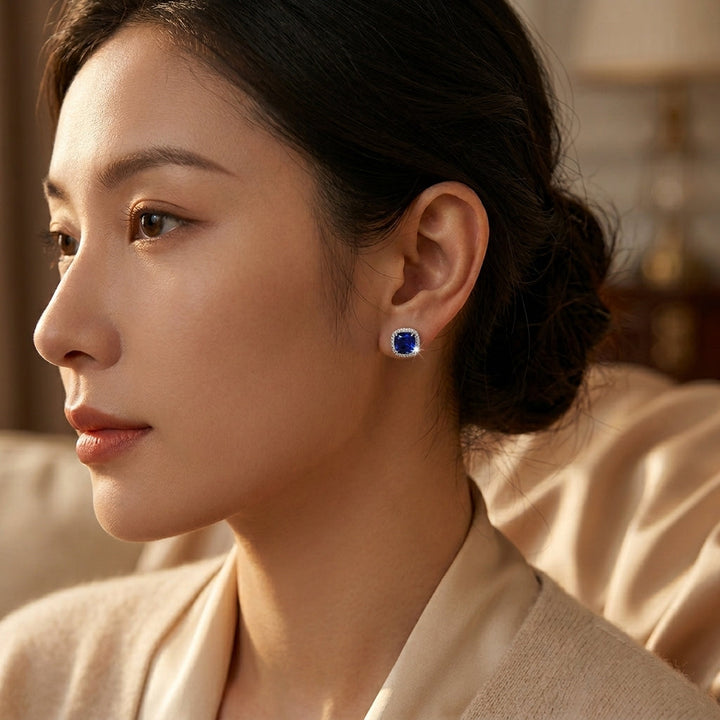 Sapphire Halo Silver Stud Earrings