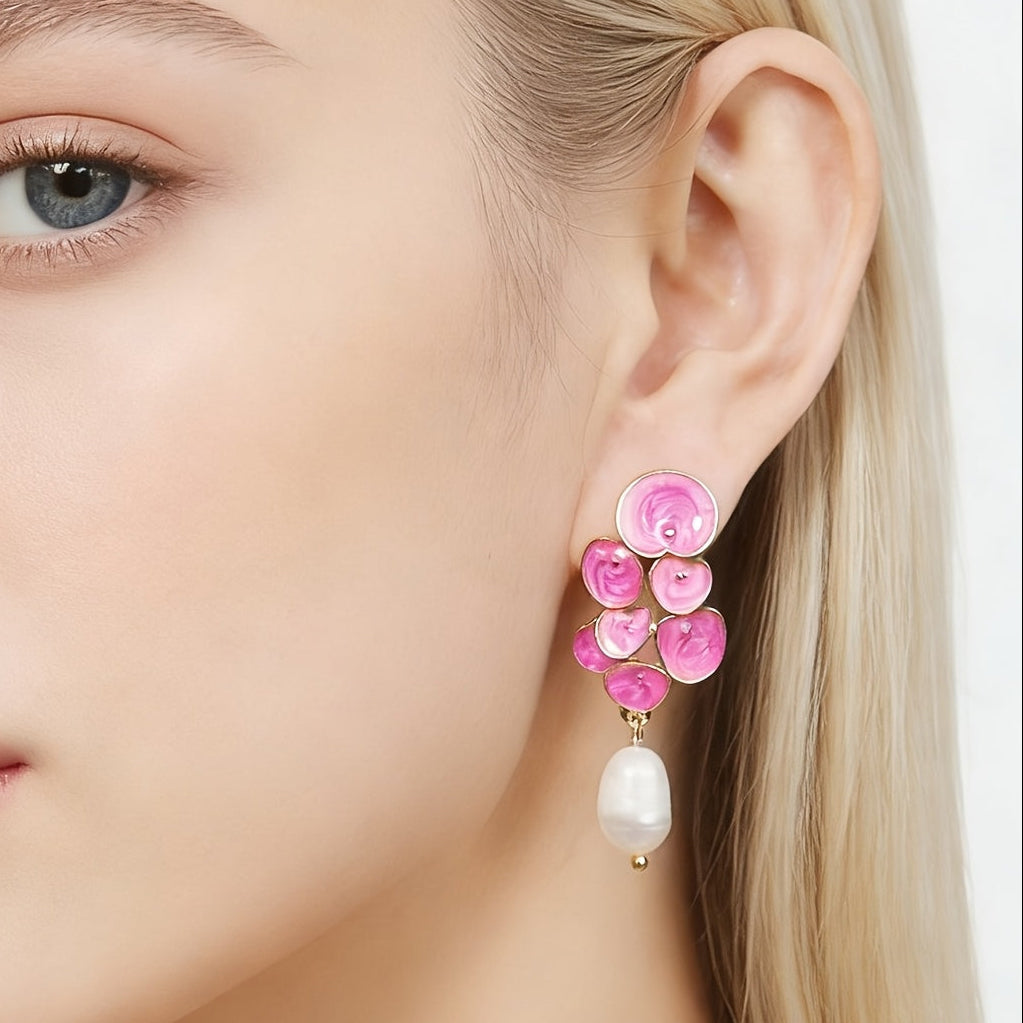 Pearl-Accented Enamel Floral Earrings