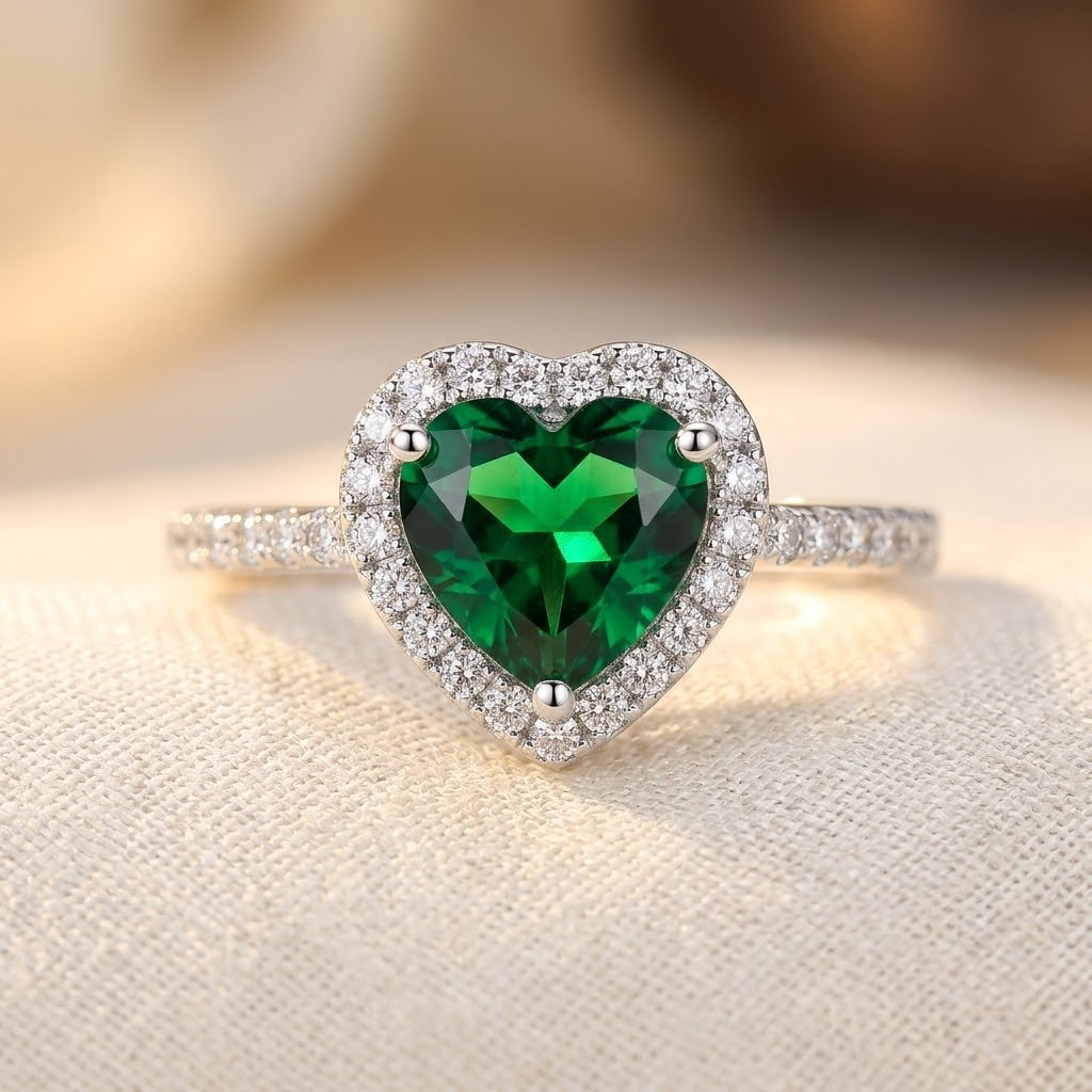 Silver Halo Ring with Emerald Heart