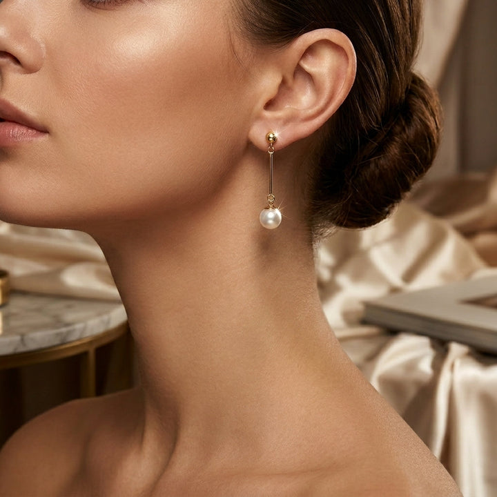 Golden Long Pearl Drop Earrings