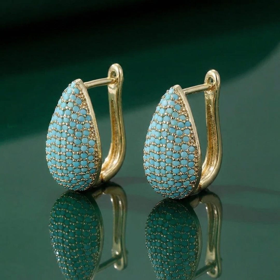 Turquoise Teardrop Hoop Earrings Featuring Pavé Accents