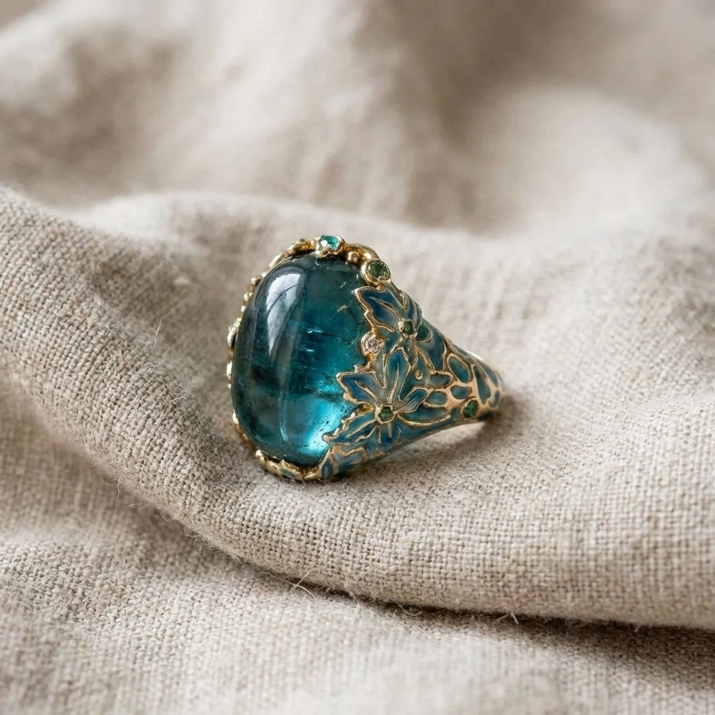 Elegant Gold Floral Ring featuring a Blue Gemstone