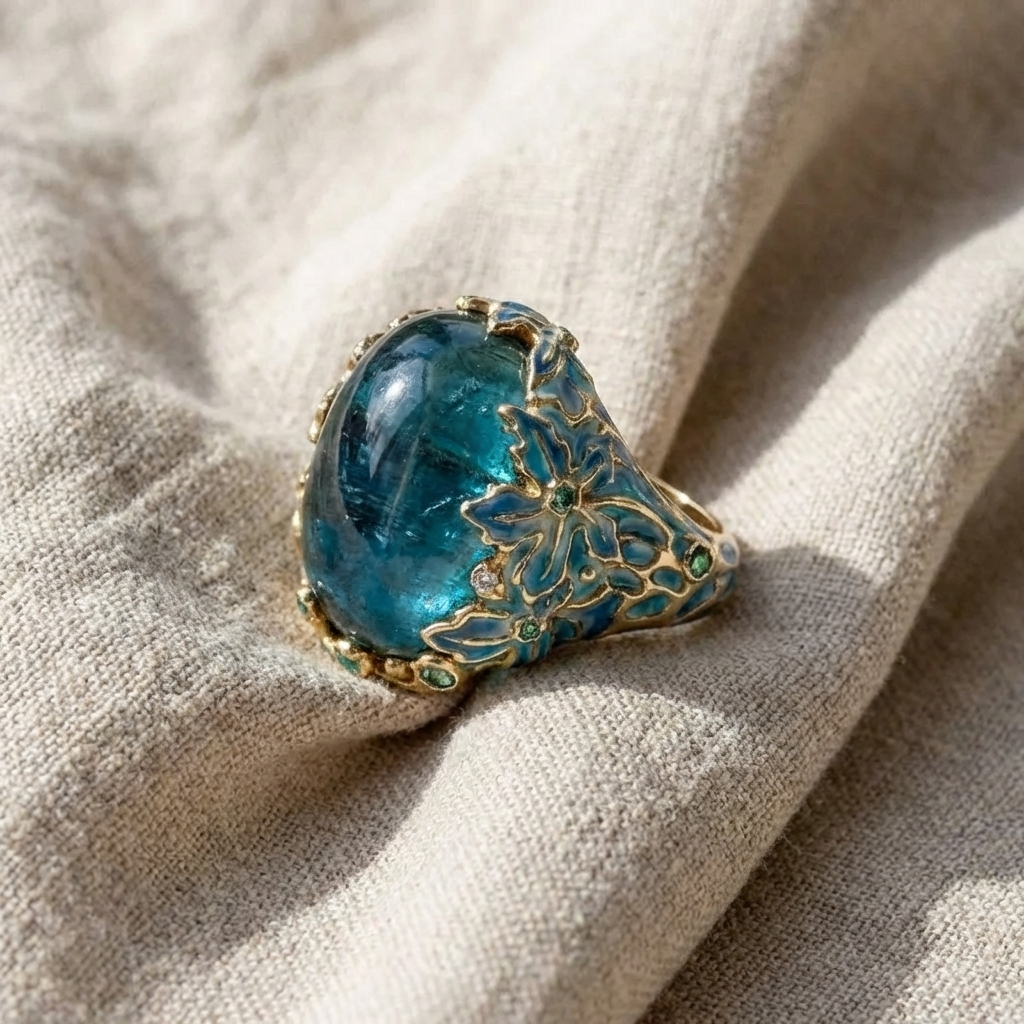 Elegant Gold Floral Ring Featuring a Blue Gemstone