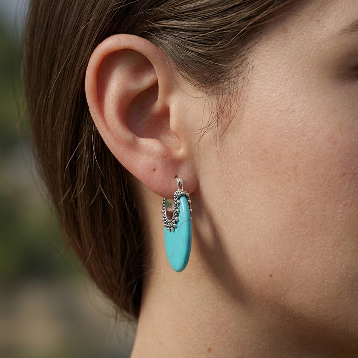 Silver Hoop Earrings with Turquoise Stones