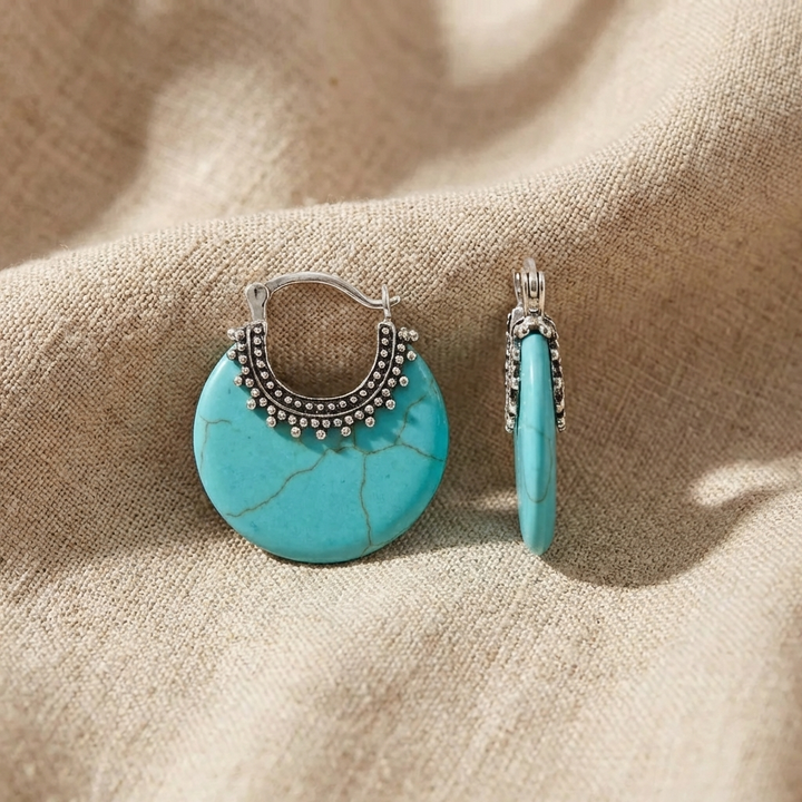 Silver Hoop Earrings with Turquoise Stones