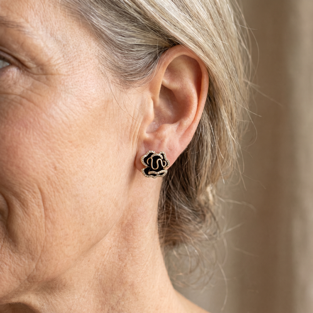 Elegant Black Lotus Earrings with Gold Accents