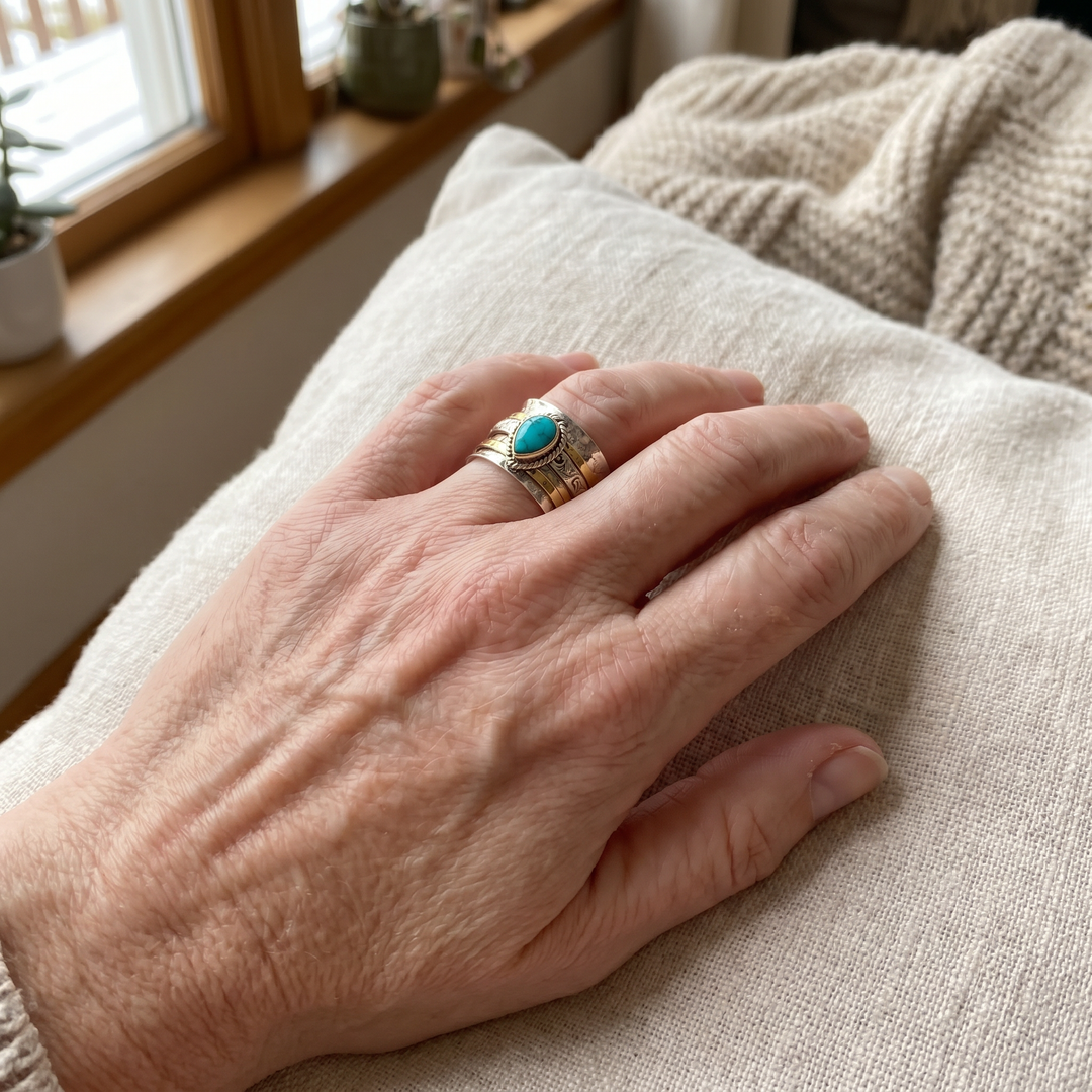 Antique Gold and Silver Ring Featuring Turquoise Inlay