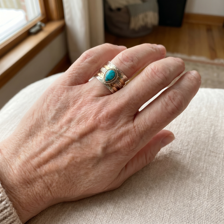 Antique Turquoise Inlaid Gold and Silver Ring