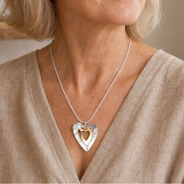 Shimmering Silver and Gold Heart Pendant Necklace