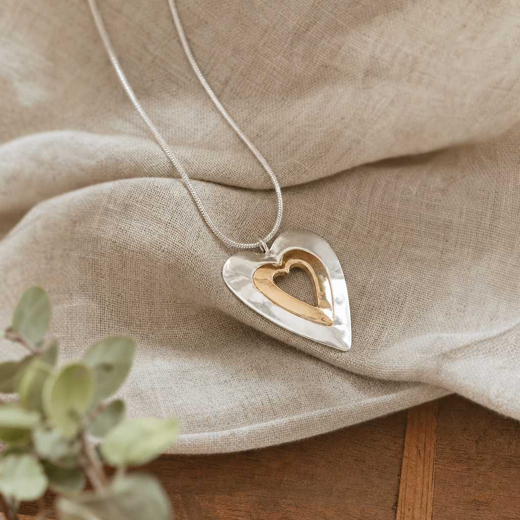 Shimmering Silver and Gold Heart Pendant Necklace