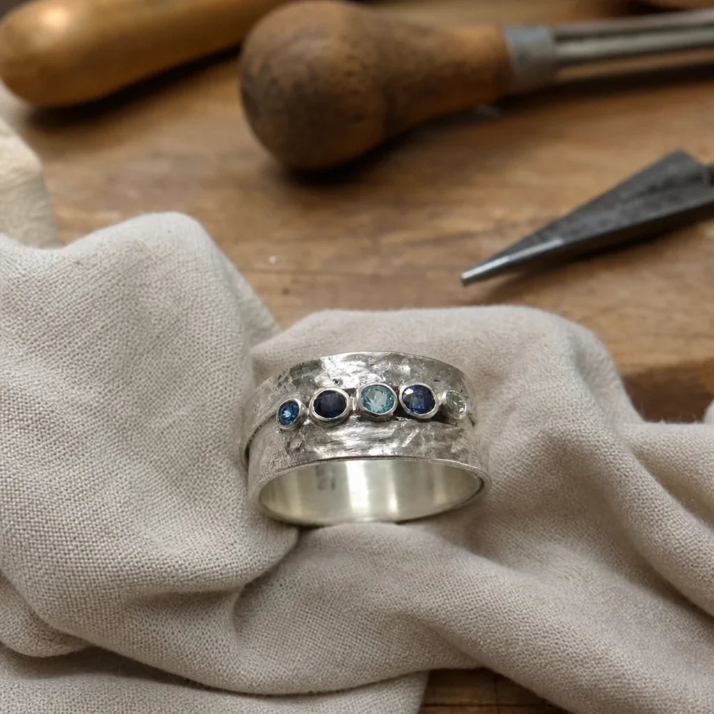 Silver Ring with Blue Inlaid Stones