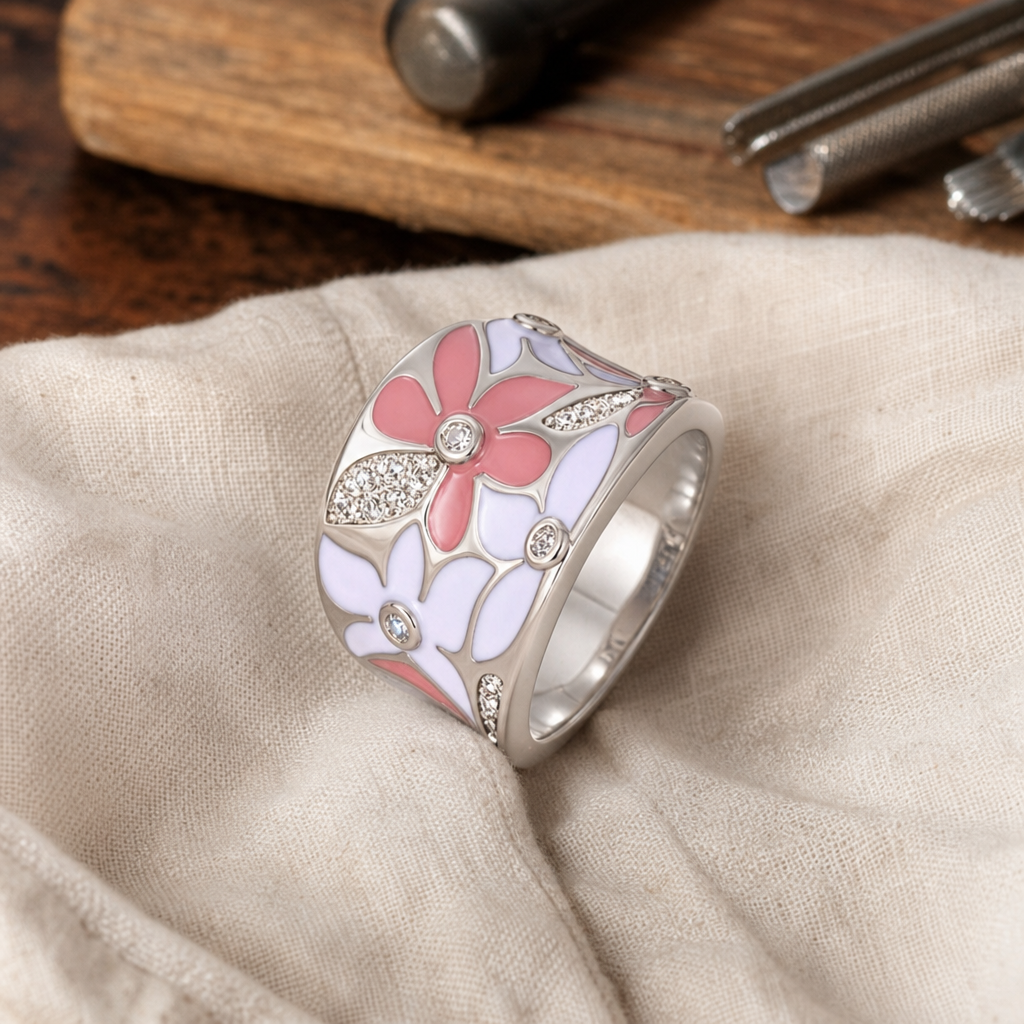 Elegant Pink Floral Silver Ring