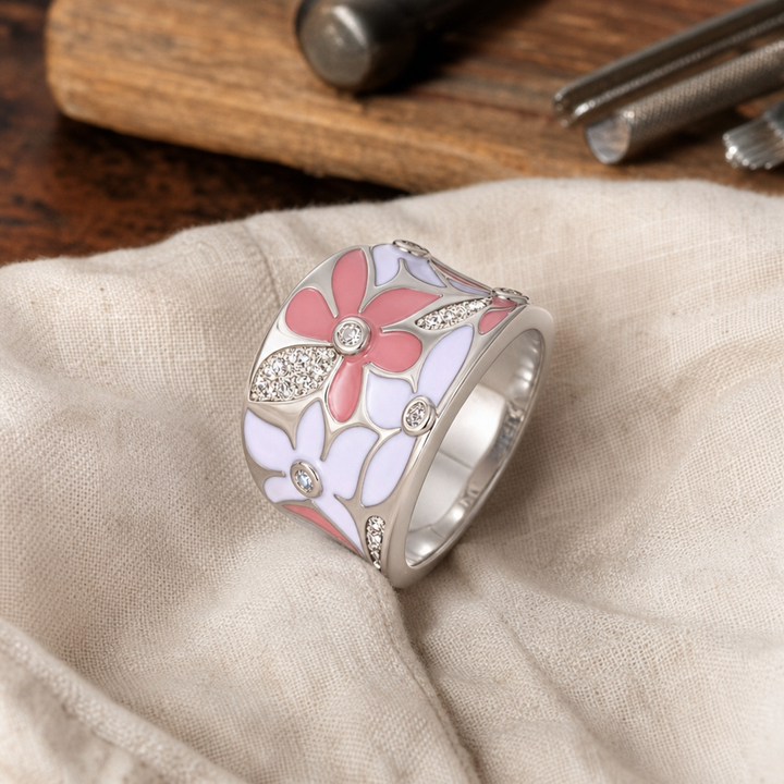 Elegant Pink Floral Silver Ring