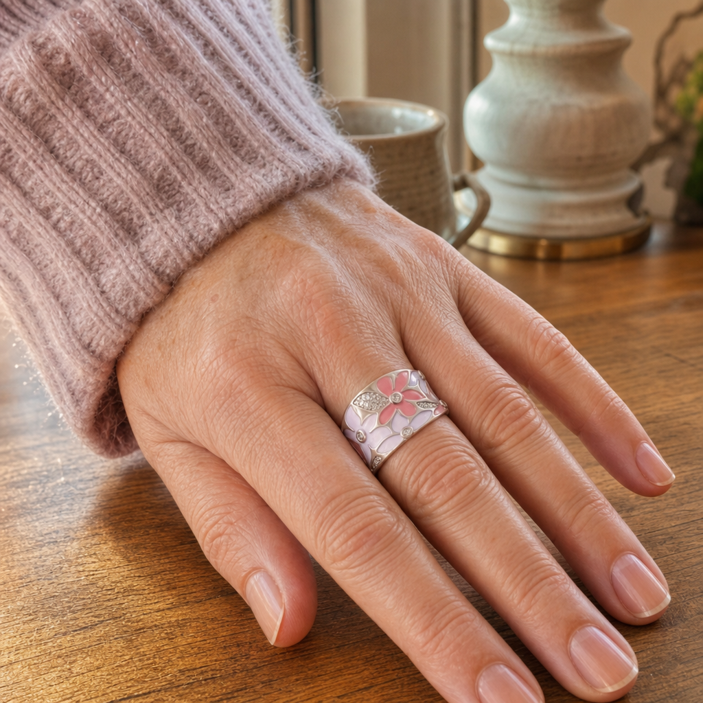 Elegant Pink Floral Silver Ring