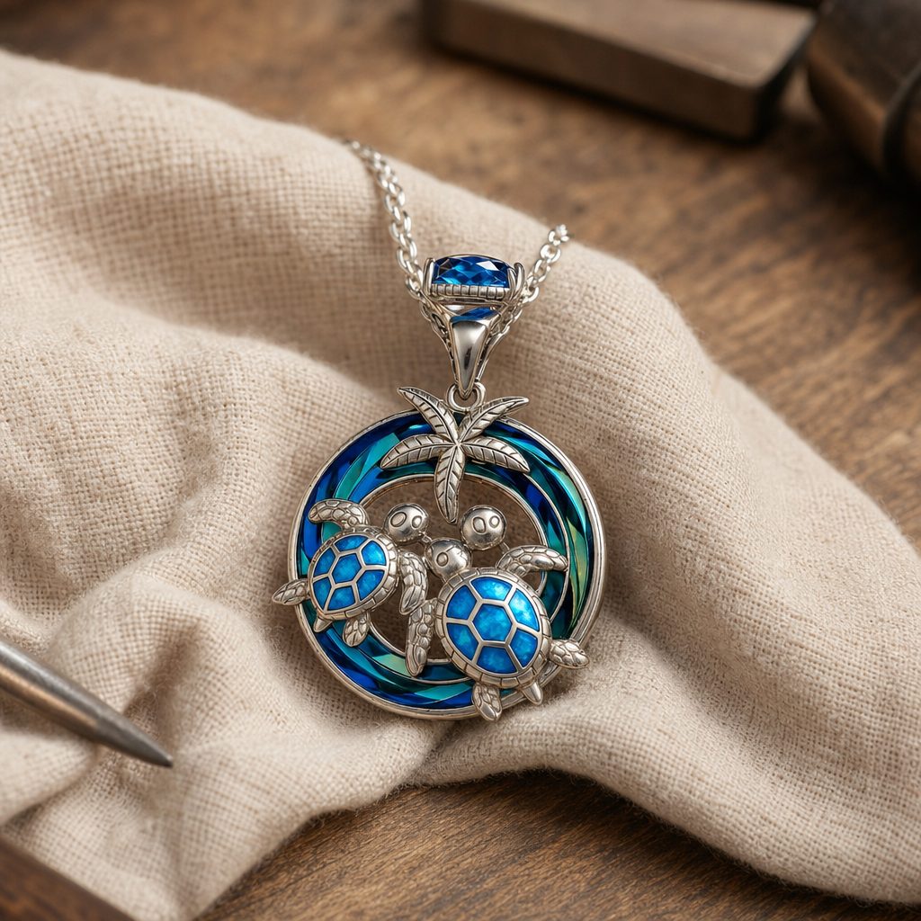 Opal Round Turtle Palm Pendant Necklace