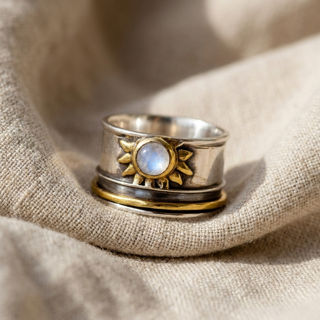 Dual-Tone Sun Moonstone Ring Featuring a Broad Silver and Gold Band
