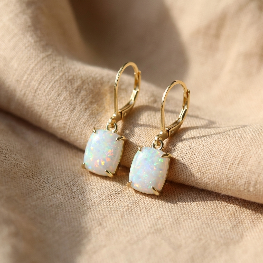 Timeless Square White Opal Earrings