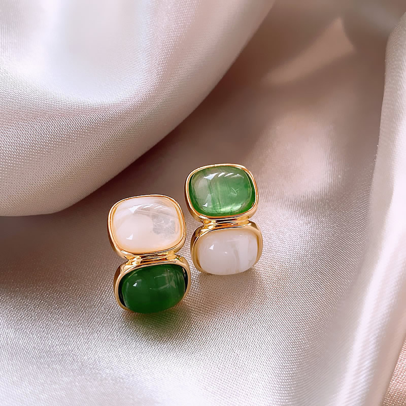 Elegant Gold Earrings Embellished with White and Green Gemstones