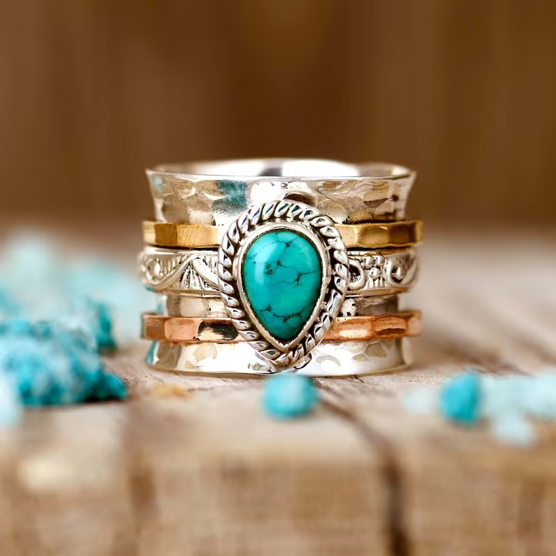 Antique Turquoise Inlaid Gold and Silver Ring