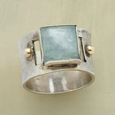 Retro Square Moonstone Ring with Emerald Details