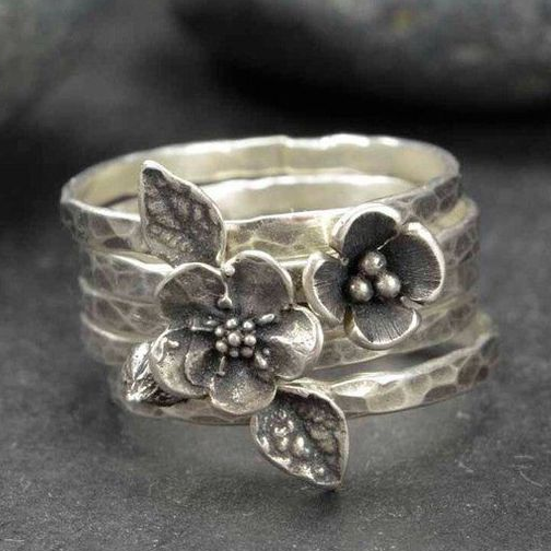 Retro Floral Silver Stacked Ring
